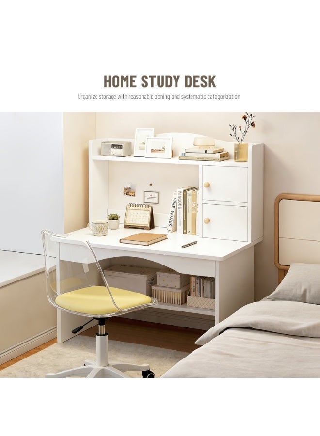 شويوين مكتب كتابة منزلي، طاولة مكتب، مكتب أبيض عصري مع خزانة علوية وأدراج، مع أرفف تخزين، طاولة دراسة لغرفة النوم، مناسب للمساحات الصغيرة - Image 2